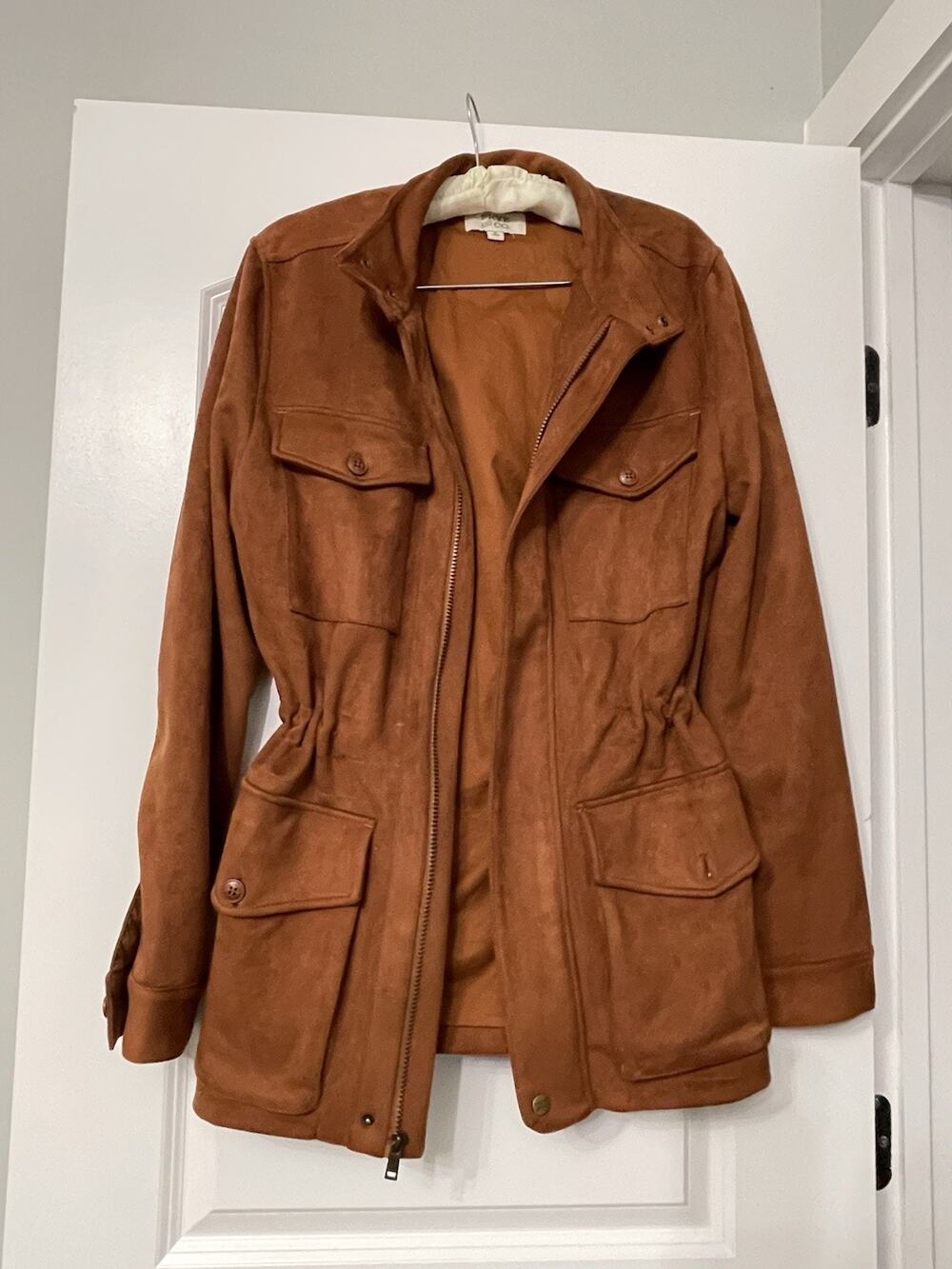 Frye and Co Brown Faux Suede Utility Jacket Snap Zip Drawstring Waist Size S